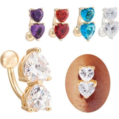 1PC Gold Silver Belly Button Rings Double Heart Zircon Belly Piercing Navel Earring Stainless Steel Body Jewelry Piercings 2019