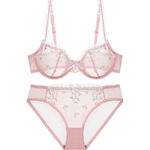 Embroidered Floral Ultra Thin Bra Suit Women Sexy See Through Bra And Panty Set Plus Size Underwear Transparent Bra Set Lingerie