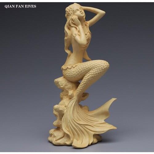 Hand carved wooden mermaid statue，Modern art sculpture, Cute home decoration accessories,Solid wood figurines free delivery