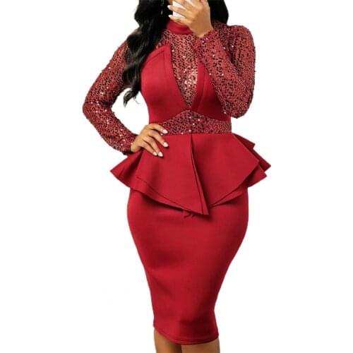 50%HOTSequin Ruffle Formal Dress Elegant Long Sleeve Waist Tight Women Dress Workwear