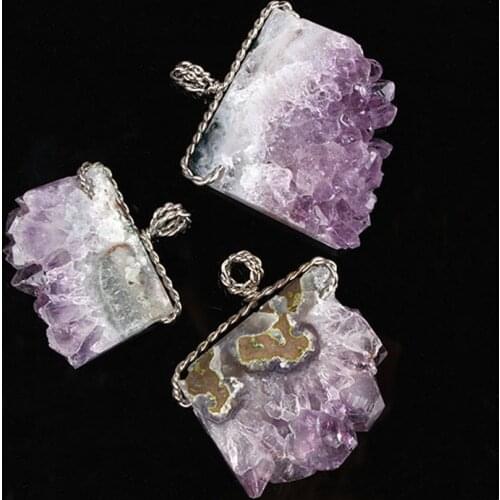 KFT Natural Irregular Square Shape Wire Wrapped Healing Crystal Quartz Amethyst Lump Chakra Reiki Stone Pendant Jewelry