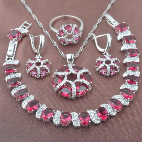 Unusual Design Rose Red Zirconia Silver Plated Womens Jewelry Sets Bracelet Necklace Pendant Earrings Ring YZ0441