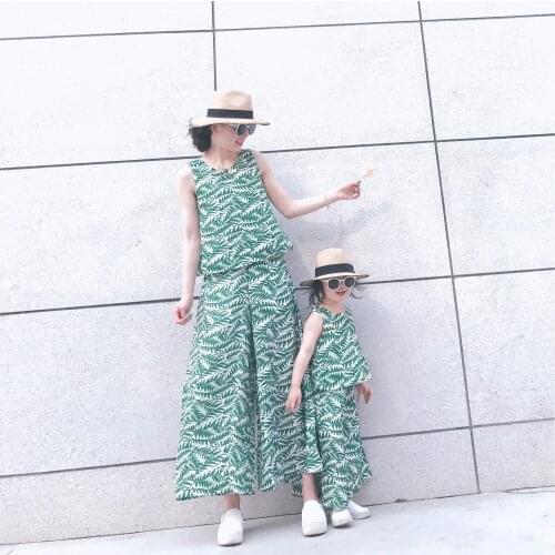 Mother Daughter Clothing Sets Fashion Print Loose Sleeveless T-Shirt Wide Leg Pants 2pcs Mommy and Me Matching Family Clothes