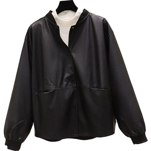 Spring New Fashion Faux Leather Jacket Women Baseball Uniform Korean Autumn Loose Long Sleeve Coat Wild Ladies Clothes Tide G896