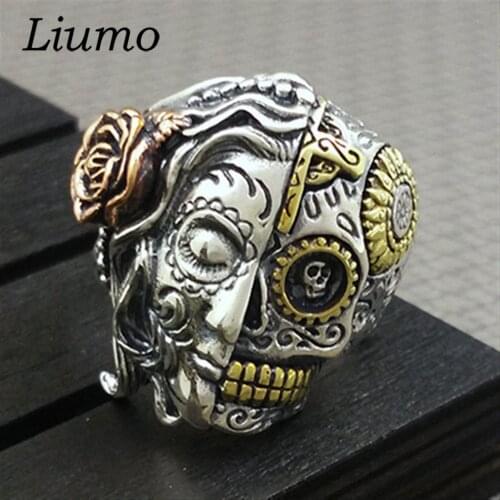 Liumo Fashion Punk Style Skull Rose Cross Buddha Two Faces Men Alloy Biker Rings Lr959