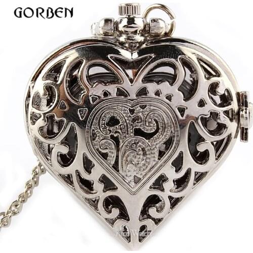 Fashion Hollow Bronze Silver Vintage Pocket Watch Necklace Chain Heart-shaped Quartz Watch for Women Men Valentines Day Gifts