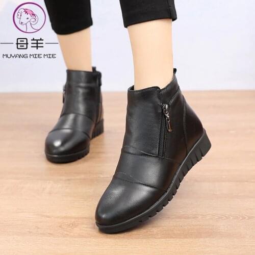 MUYANG 2020 Fashion Ankle Boots Women Genuine Leather Flats Boots Winter Shoes Woman Warm Non-Slip Black Brown Women Boots