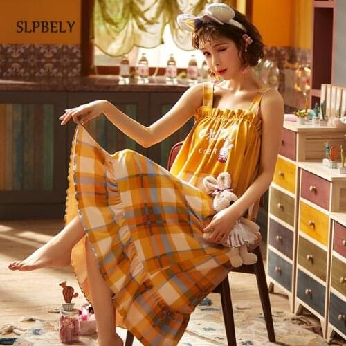 SLPBELY Women Sleeveless Nightgown Cartoon Plaid Printed Bow Summer Kawaii Females Sleepwear Night Dress Cozy Breathable Homewar