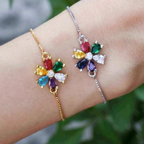 New Trendy Gold Flower/Heart Bracelet Women Micro Pave Rainbow Cubic zircon Charm Bracelet For Women Jewelry Fashion Chain Gift