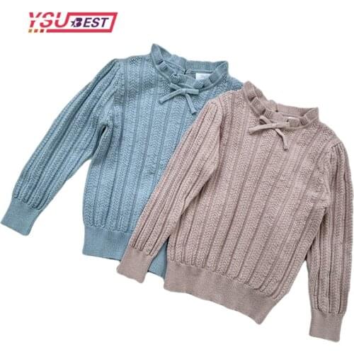 1-7Yrs Autumn Kids Girls Long Sleeve Frill Collar Knit Sweater Bow Winter Children Clothing Baby Kids Girls Pullover Sweaters