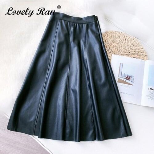 Spring Fleece PU Leather Women Skirts Elegant High Waist A-Line Patchwork Midi Female Skirt 2021 New French Office Lady Bottoms