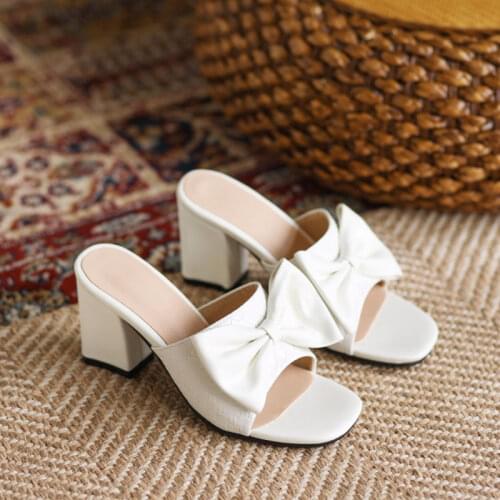 Ochanmeb Good Quality Sweet Big Butterfly Bow-tie Knot Slippers Women Summer Chunky High Heels White Nude Slides Open Toe Shoes