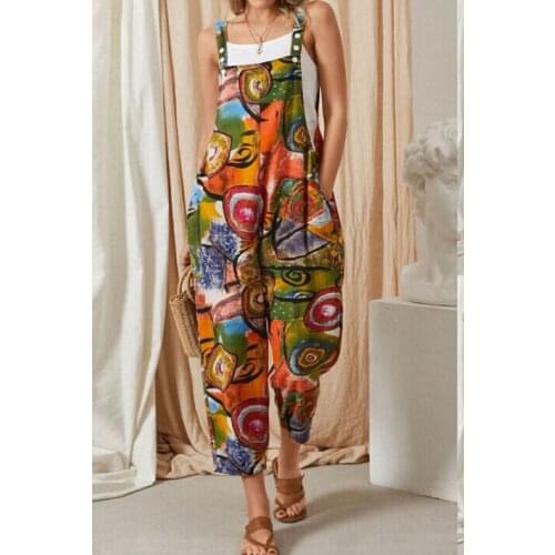Summer Loose Rompers Women Female Pants 2021 Sexy Sleeveless Vintage Floral Printed Tank Playsuits Suspender Trousers Pockets