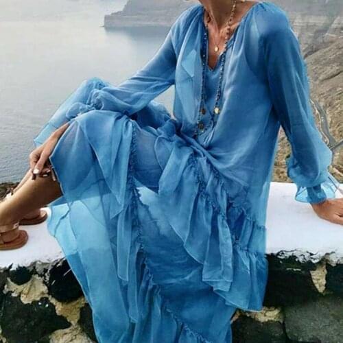 Lugentolo Bohemian Maxi Dress Women V-neck See-through Ruffled Long Sleeves Solid Color Chiffon Dress