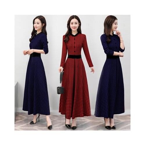 TingYiLi Blue Red Plaid Dress Women Elegant A-line Maxi Dress Long Sleeve Dress Autumn Winter