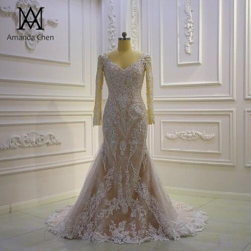 Robe ceremonie femme Long Sleeve Lace Applique Mermaid Wedding Dress