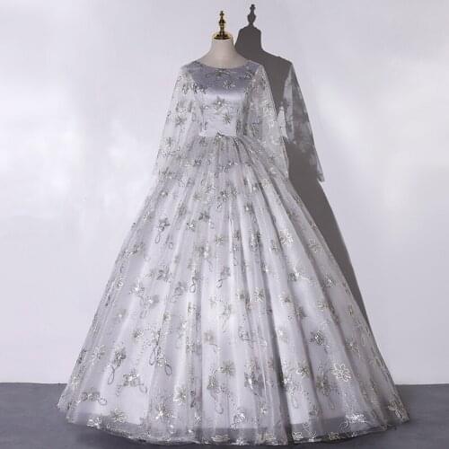 2021 Quinceanera Dress Long Sleeve Scalloped Neck Party Dress Ball Gown Vintage Lace Floral Print Quinceanera Dresses Vestidos