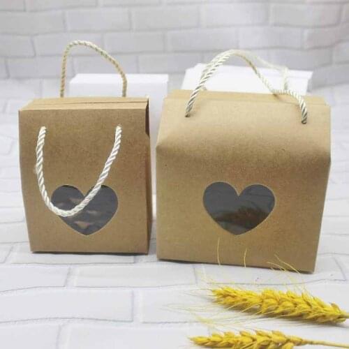 20pcs/lot White /Kraft DIY handle candy Boxes with heart shape pvc film window paper handle gifts/wedding package bag box