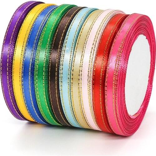6MM 25Yards/Roll Golden Edged Satin Ribbon Top Quality Mult-Colors Gift Packaging Wrapping Rope DIY