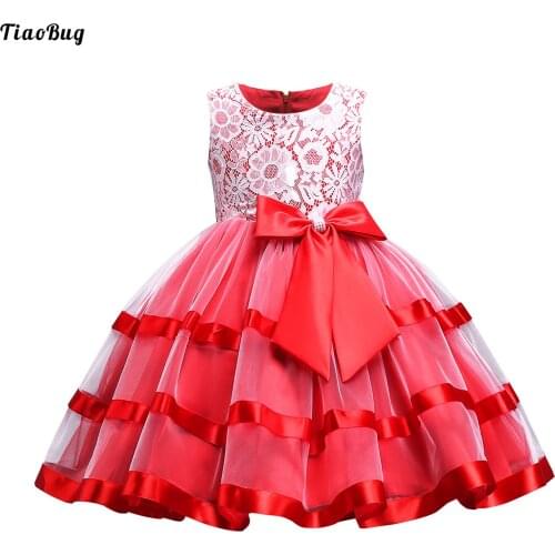 TiaoBug Kids Girls Ball Gown Dress Round Neck Sleeveless Back Zipper Decorated Big Bowknot Lace Dress For Birthday Wedding Party