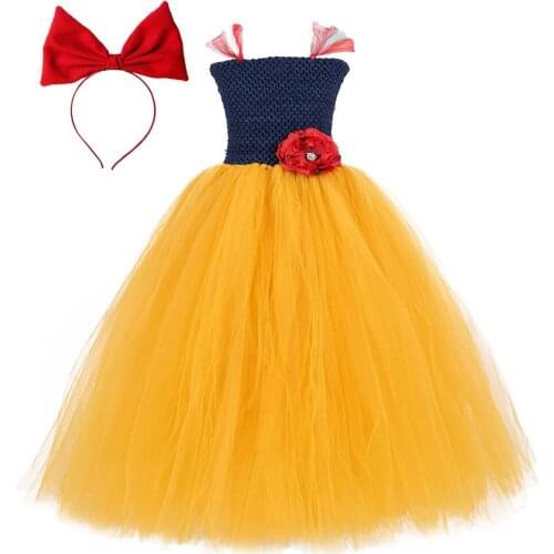 Snow White Princess Long Dress Girls Princess Snowwhite Cosplay Costumes for Kids Halloween New Year Dresses with Bow Headband