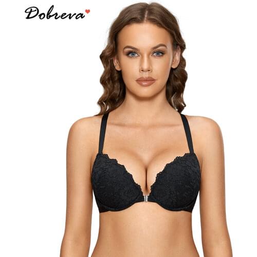 DOBREVA Womens Front Closure Padded Push Up Bra Underwire Floral Lace Back Bralette