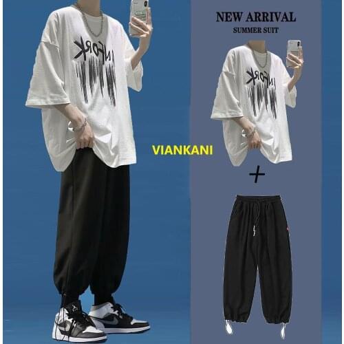 Hot-Selling Summer Mens Suit Casual O-Neck Letter Printed T-Shirt + Loose Trendy Polyester Harem Pants 2-Piece Set S-3XL