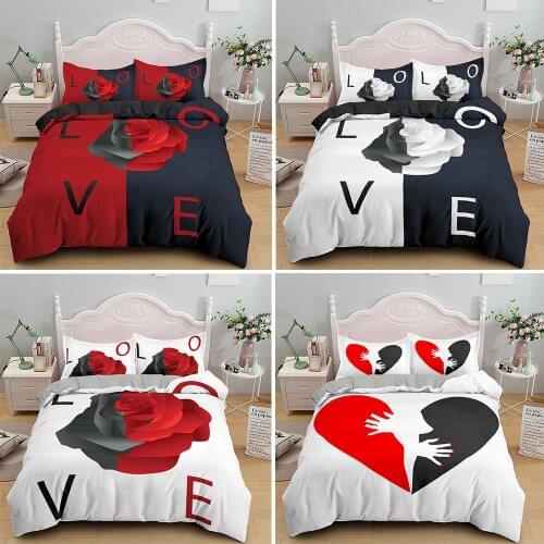 Romantic Couple Rose Flower Bedding Set King Queen Sizes Half Love Heart Duvet Cover Print Comforter Sets 2/3PCS