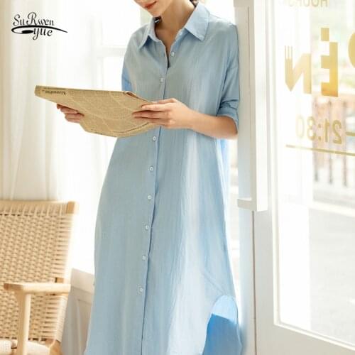 Korean 2020 Women Dresses Autumn Spring Loose Casual High Waist Straight Long Shirt Dress Solid Single Breasted Dress 9660
