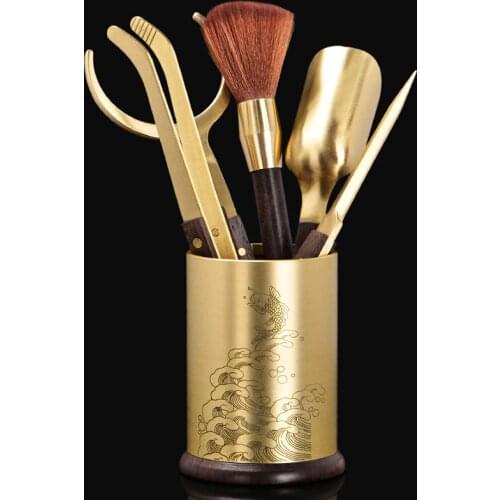 Creative Tea Accessories Copper Tea Needle Scoop Spoon Cup Clip Pen Brush Holder Six Gentlemen Set Teaware Tea Ceremony Tool