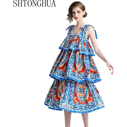 SHTONGHUA Runway Summer Spaghetti Strap Holiday Dress Sexy Women Printed Layers Ruffles Midi Dress Fashion Sweet Cake Vestidos