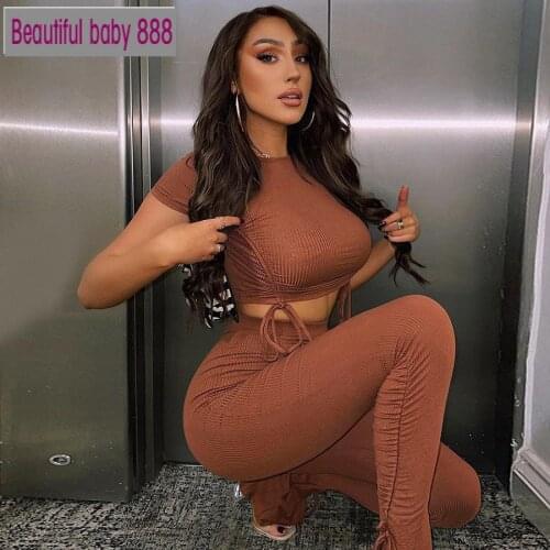 Meqeiss Solid High Waist Pants Crop Tops 2 Two Piece Sets For Women 2021 Rib kniting Short Sleeve Tee Shirts Street Suits Female