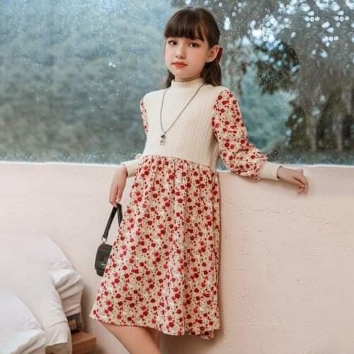 Lovely Floral Print Dress For Girls Children Outdoor Activities Casual Dresses Clothes Kids Teens Long Sleeve Knee Length Gowns