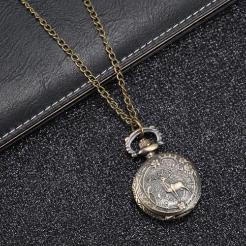 Fashion Vintage Retro Quartz Pocket Watch Alloy Deer Carving Sweater Chain Necklace Pendant Clock Gifts LXH