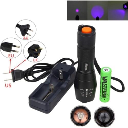 Powerful UV Ultra Led Hunting Light Tactical Violet Purple Blacklight 395nm Waterproof Torch Inspection Lamp+18650+Charger