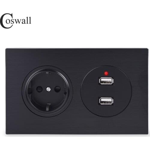 Coswall All Aluminum Metal Panel 16A Black EU Standard Wall Power Socket With Dual USB Charging Port 2.4A Output R12 Series