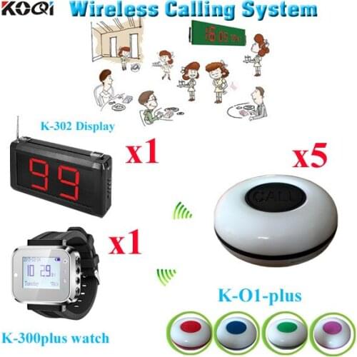 Table Buzzer System Most Popular Wireless Calling Restaurant Set Including 1 Display+ 5 Call Buzzer +1 Watch