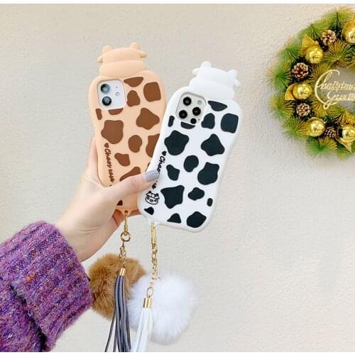 New Cow +Stuffed ball Symbol Pattern Print Phone Case Cover for IPhone 12 Cattle Calf Soft Silicone Lanyard Hanging Rope Cover