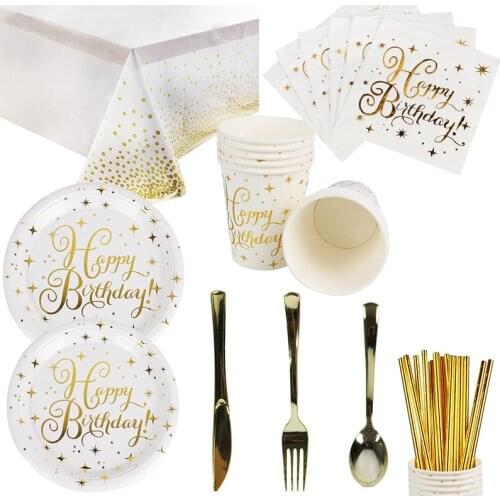 MEIDDING Happy Birthday Party Gold Disposable Tableware Birthday Party Decorations Kids Adult Birthday Plates Napkins Tableware