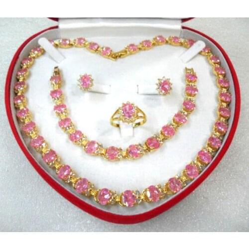 Wholesale good noble and generious pink zircon necklace earring bracelet and ring sets fro valentines day gift Genuine Natural