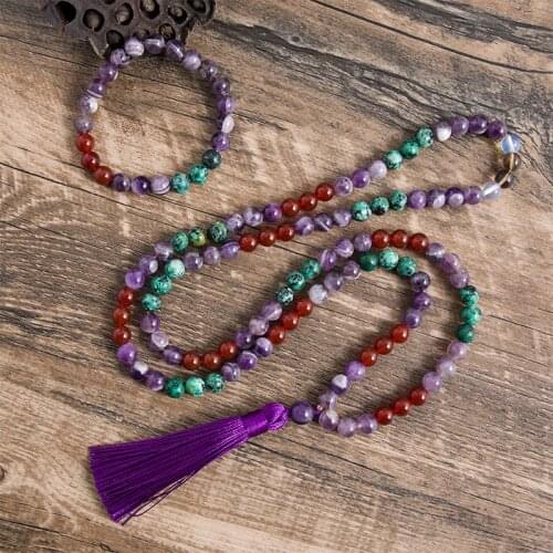 8mm Natural Amethyst Red Onyx Opal Tea Crystal Beaded Necklace Meditation Yoga Spiritual Women Jewelry 108 Japa Mala Sets Gift