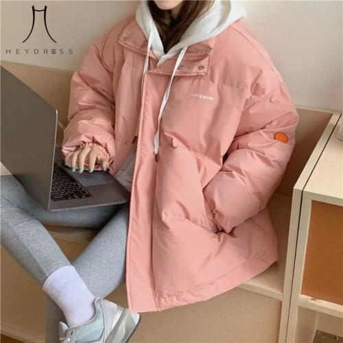Heydress Women Winter Hooded Thick Warm Down Coats Female 2021 Loose Solid Cotton-padded Parkas Ladys Sweet Korean Outerwears