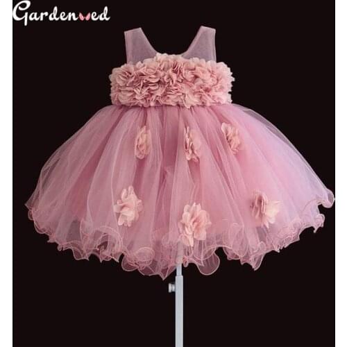 Puffy Flower Embroidery Ball Gown Dress Kids Flower Scoop Flower Girl Dresses Tulle Sashes Kids Communion Dresses Little Bride