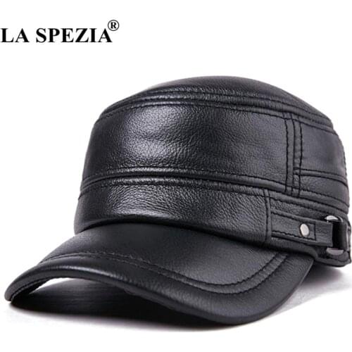 LA SPEZIA Autumn Winter Cap Men Army Military Hat Genuine Cowskin Leather Black Leather Hat Male Vintage High Quality Dad Caps