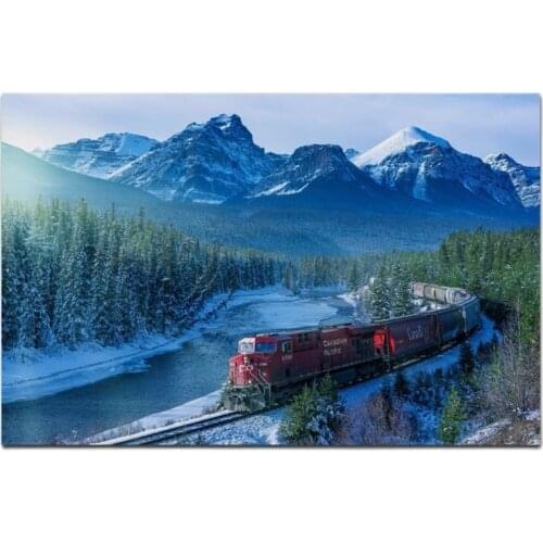 Snowy railway train landscape nature mountain living room decoration home wall art decor wood frame fabric poster 045FJ