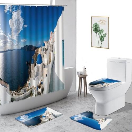 Mediterranean Landscape Shower Curtain Coastal City Scenery Bathroom Decor Set Non-Slip Carpet Fabric Waterproof Bath Curtains