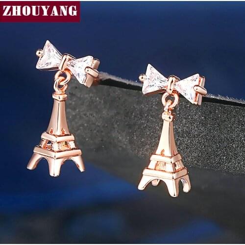 ZHOUYANG Drop Earrings for Women Eiffel Tower Shape Unique Bowknot Crystal Rose Gold Silver Color Gift Fashion Jewelry DZE003