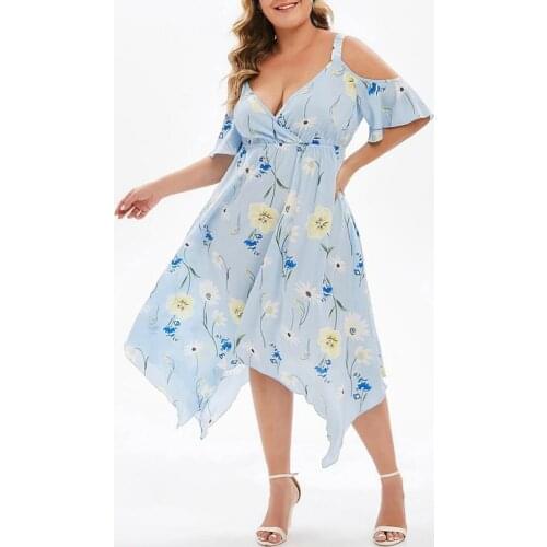 Plus Size Women Midi Dress Elegant Summer Floral Print Irregular Hem V Neck Off Shoulder Wedding Party Dresses Banquet