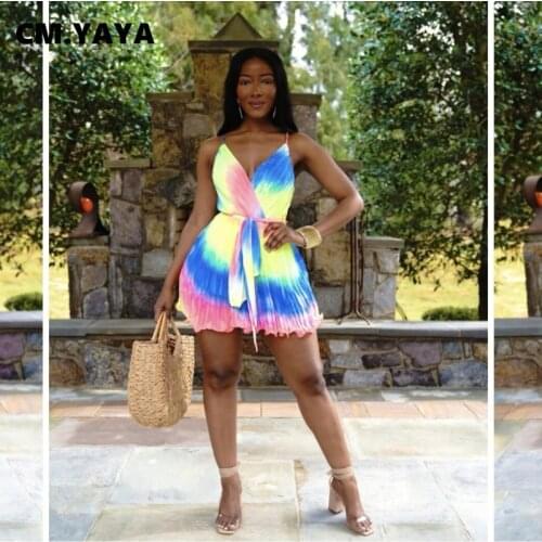 CM.YAYA Women Mini Dress Tie Dye Print Sleeveless Strap V-neck Backless Bandage Sashes Loose Dresses Sexy Fashion Dress Summer