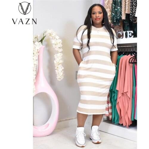 VAZN Womens New Age Reduction Summer 2021 Street Fashion Casual Solid Color Pocket Round Neck Striped Dress